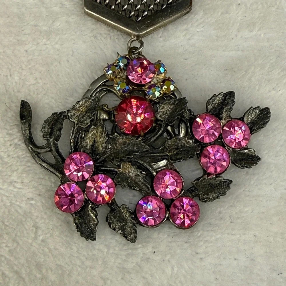 Vintage Brooch Pink Silver Tone Mesh Ribbon Floral Rhinestone Chatelaine Style